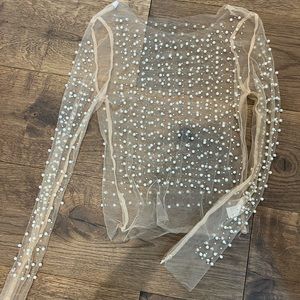 Mesh Pearl Cropped Long Sleeve Top
